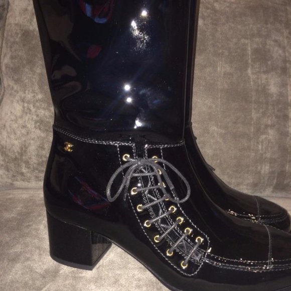 CHANEL 15A Patent Calf Leather Knee High Tall Lace Up Boots Shoes - Picture 8 of 16